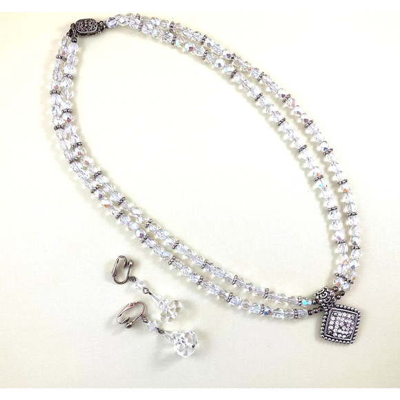Midcentury Cocktail Party AB Crystal Bead Necklace/Pendant & Clip-on Earrings - Picture 8 of 8